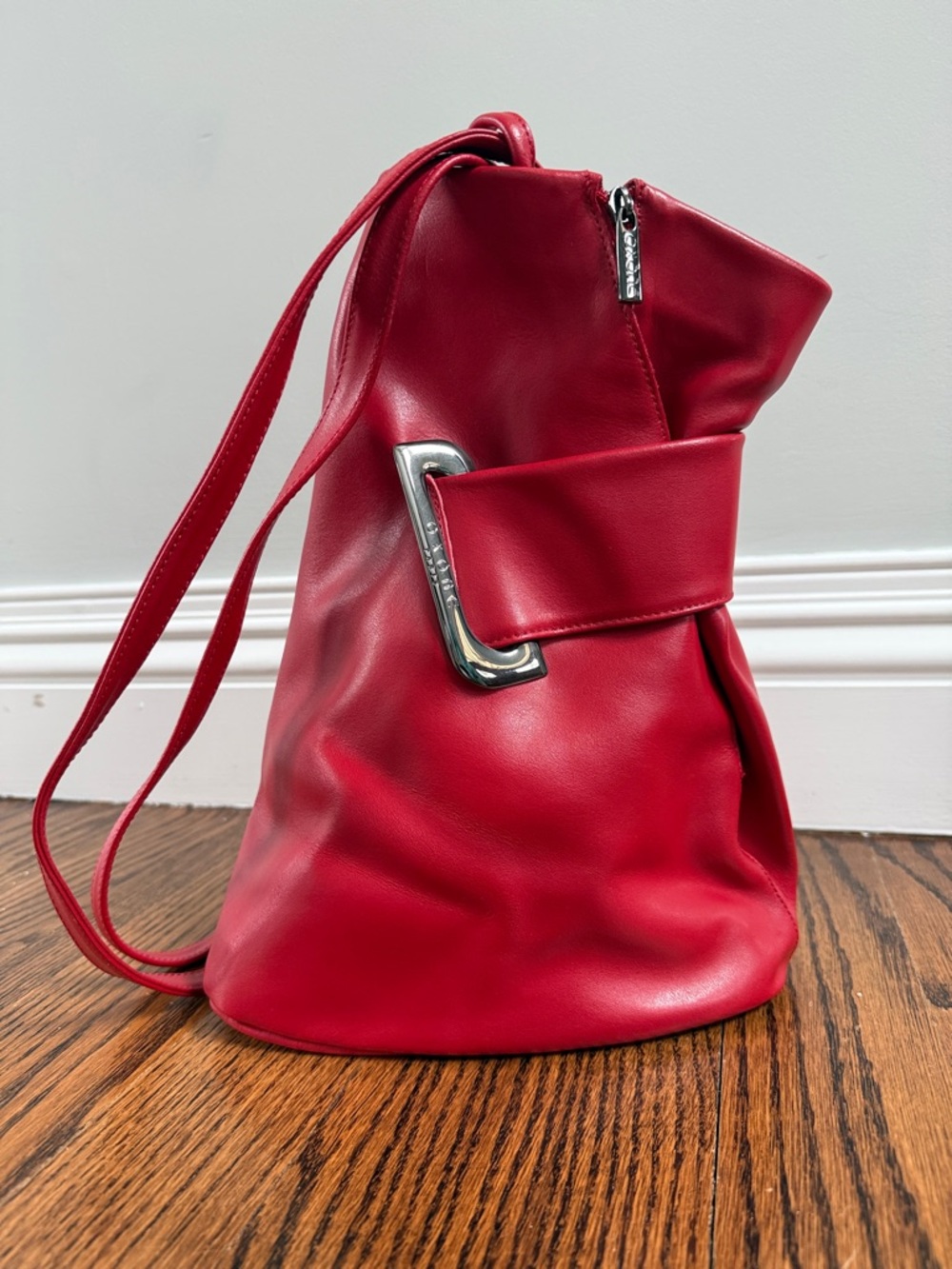 Red Leather Backpack Bag with Silver Buckle Accent